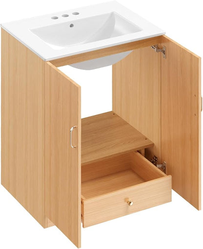 Sweetcrispy 24" Modern Bathroom Vanity with Ceramic Basin, Undermount Vanity Sink Cabinet with 2 Doors and 1 Inner Drawer, Free Standing Bathroom Storage Cabinet with Sink Combo Set, Classic Wood