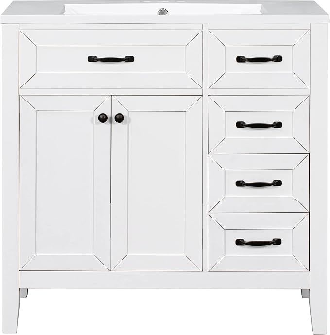 36 Inch Bathroom Vanities with Undermount Ceramic Sink, Storage Cabinet with Soft Closing Doors and Three Drawers, Solid Wood Frame, White