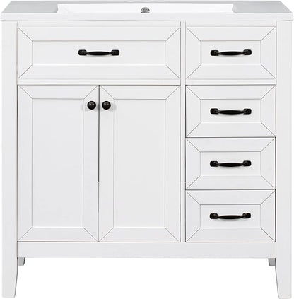 36 Inch Bathroom Vanities with Undermount Ceramic Sink, Storage Cabinet with Soft Closing Doors and Three Drawers, Solid Wood Frame, White