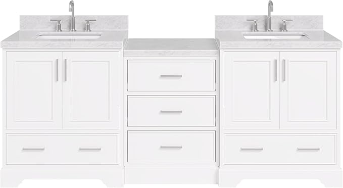ARIEL Stafford 84-inch Bathroom Vanity with Sink,Solid Wood, 1.5in Italian Carrara Marble Countertop & Backsplash, Double Rectangular Porcelain Sink, 4 Soft Closing Doors, 5 Dovetail Drawers, White