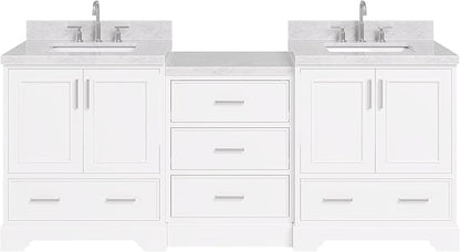 ARIEL Stafford 84-inch Bathroom Vanity with Sink,Solid Wood, 1.5in Italian Carrara Marble Countertop & Backsplash, Double Rectangular Porcelain Sink, 4 Soft Closing Doors, 5 Dovetail Drawers, White