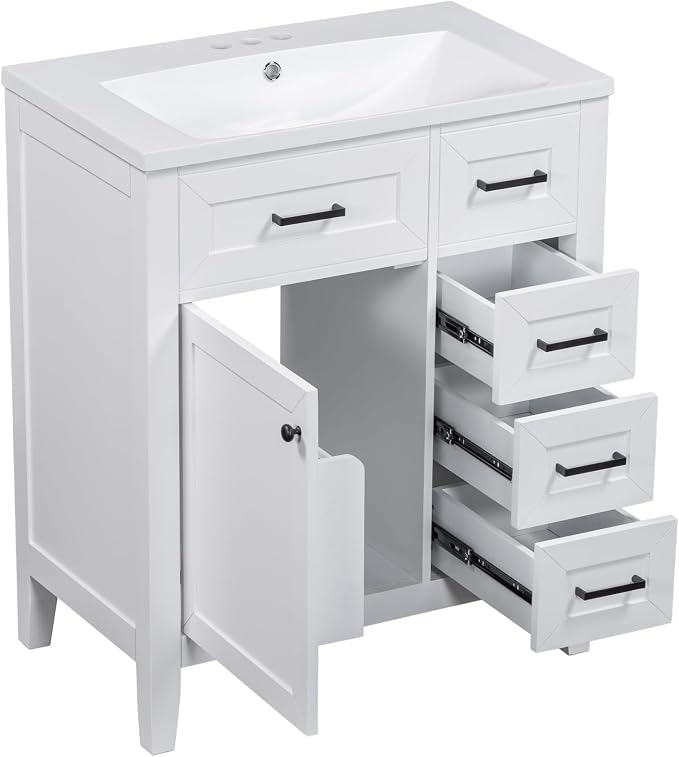 30 Inch Bathroom Vanities with Undermount Ceramic Sink, Storage Cabinet with Soft Closing Doors, Three Drawers and Organizer Rack Shelf, Solid Wood Frame, White