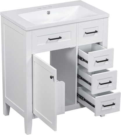 30 Inch Bathroom Vanities with Undermount Ceramic Sink, Storage Cabinet with Soft Closing Doors, Three Drawers and Organizer Rack Shelf, Solid Wood Frame, White