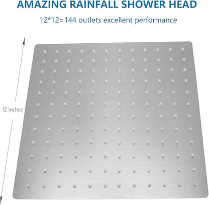 NearMoon Rain Shower Head, High Flow Stainless Steel Square Rainfall Shower, Waterfall Bath Shower Body Covering, Ceiling or Wall Mount (12 Inch, Brushed Nickel)