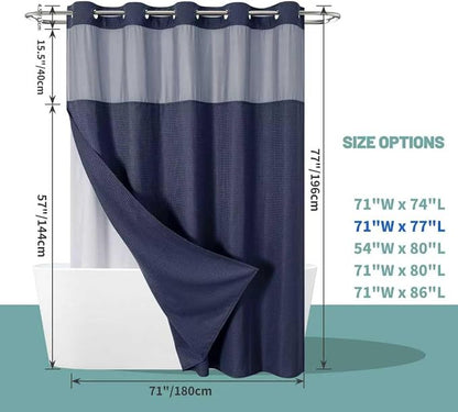 eachope No Hook Waffle Shower Curtain with Snap-in Liner, 71x77 Inch, Navy | 230 GSM waffle weave fabric, waterproof liner set with 2 bottom magnets, mesh top window, washable, for bathroom or hotel use