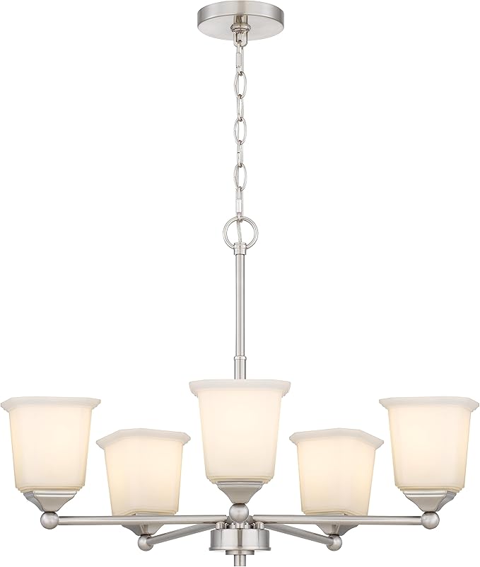 Nox 5-Light Chandelier Pendant Ceiling Light Brushed Nickle White Glass Shade Adjustable Height for Hallway, Entryway, Passway, Dining, Bedroom, Kitchen, Balcony Living Room