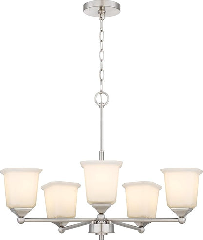 Nox 5-Light Chandelier Pendant Ceiling Light Brushed Nickle White Glass Shade Adjustable Height for Hallway, Entryway, Passway, Dining, Bedroom, Kitchen, Balcony Living Room