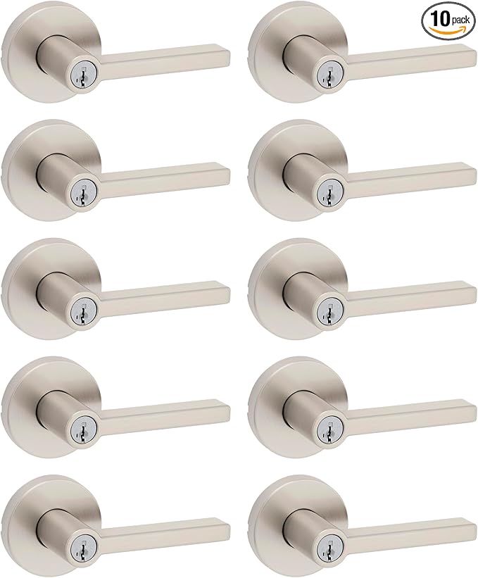 Kwikset Halifax Entry Door Handle with Lock and Key, Secure Keyed Reversible Lever Exterior, For Front Entrance and Bedrooms, Satin Nickel, 10 Pack, Pick Resistant SmartKey Rekey Security and Microban