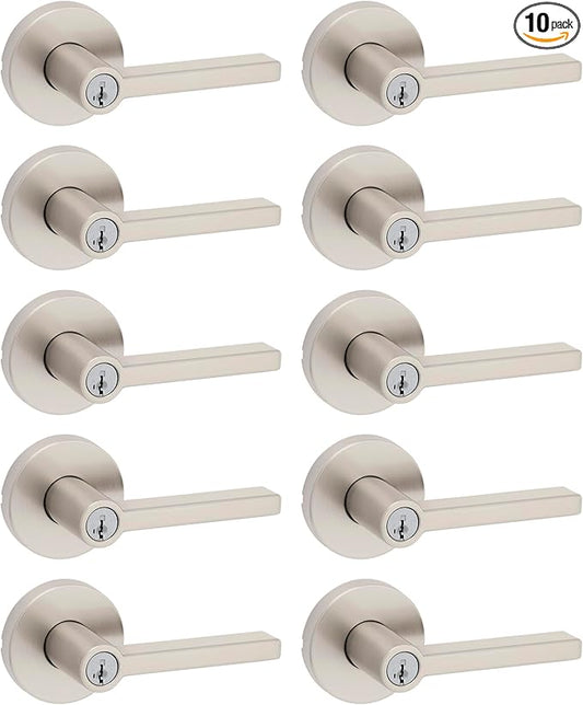 Kwikset Halifax Entry Door Handle with Lock and Key, Secure Keyed Reversible Lever Exterior, For Front Entrance and Bedrooms, Satin Nickel, 10 Pack, Pick Resistant SmartKey Rekey Security and Microban