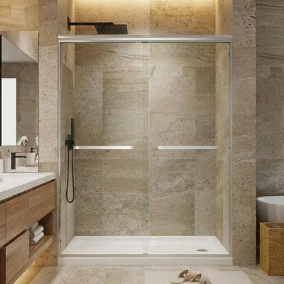 Aluminum Alloy Sliding Shower Door, Adjustable 50"-60" W x 72" H, Dual 8mm (5/16") Tempered Glass with Coating, Brushed Anodized Aluminum Frame & Brushed Nickel Square Track