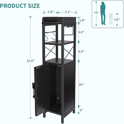 VECELO Small Bathroom Storage Cabinet, Slim Toilet Paper Holder with Shelves & Metal Racks, Organizer Cabinet for Narrow Spaces, Matte Black, Farmhouse Style