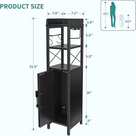 VECELO Small Bathroom Storage Cabinet, Slim Toilet Paper Holder with Shelves & Metal Racks, Organizer Cabinet for Narrow Spaces, Matte Black, Farmhouse Style