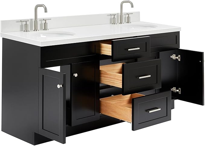 ARIEL Hamlet 72-inch Bathroom Vanity with Sink,Solid Wood, 1.5-inch Pure White Quartz Countertop & Backsplash, Double Oval Porcelain Sink, 4 Soft Closing Doors, 3 Dovetail Drawers, Black