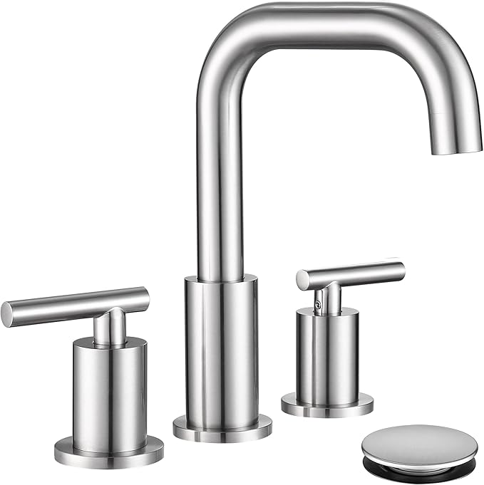 8 inch Brushed Nickel Widespread Bathroom Faucet, 2 Handle 3 Hole Bathroom Faucet with Sink Drain and Water Faucet Supply Hose, ChiLDano Bathroom Faucets CH3166BN | ChiLDano Satin Nickel Sink Faucet Bathroom with 360 Swivel Spout, Brushed Nickel Vanity...