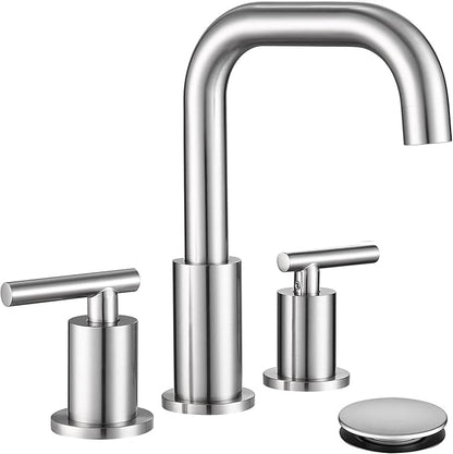 8 inch Brushed Nickel Widespread Bathroom Faucet, 2 Handle 3 Hole Bathroom Faucet with Sink Drain and Water Faucet Supply Hose, ChiLDano Bathroom Faucets CH3166BN | ChiLDano Satin Nickel Sink Faucet Bathroom with 360 Swivel Spout, Brushed Nickel Vanity...