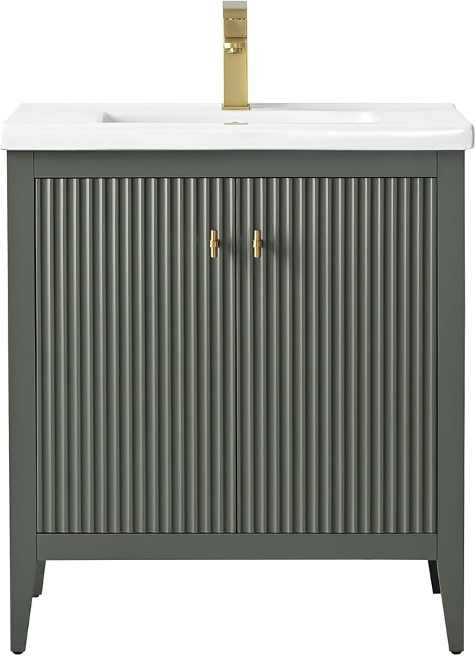 HOMEBEYOND 30" Bathroom Vanity with Ceramic Sink, Solid Wood Free-Standing Vanities Cabinet, Ceramic Top, Golden Brushed Handware & Soft Closing Door, Vintage Green