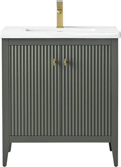 Vanity Art 30 inch Bathroom Vanity with Single Sink & Ceramic Top, Vanity Cabinet with Soft-Closing Door, Solid Wood Frame, Linear Pattern, Vintage Green, Golden Brushed Handware VA9130-VG-GB