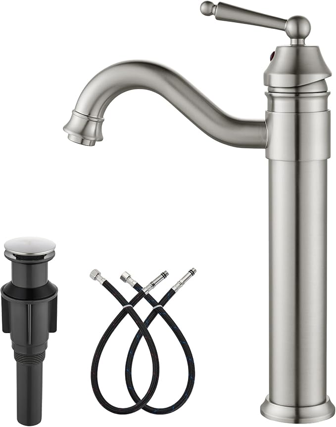 gotonovo Bathroom Vessel Sink Faucet Single Handle Brass Long Reach Bathroom Faucet 1 Hole Deck Mounted Mixer Tap with Pop Up Drain Brushed Nickel