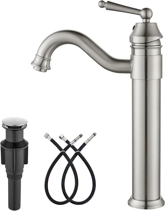 gotonovo Bathroom Vessel Sink Faucet Single Handle Brass Long Reach Bathroom Faucet 1 Hole Deck Mounted Mixer Tap with Pop Up Drain Brushed Nickel