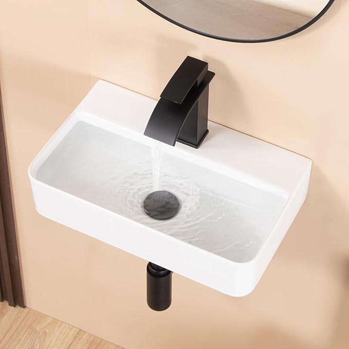 Small Vessel Sink 17.7"x11.2" Wall Mount Bathroom Sink Rectangular White Porcelain Ceramic Floating Tiny Bathroom Wall Mounted RV Sink