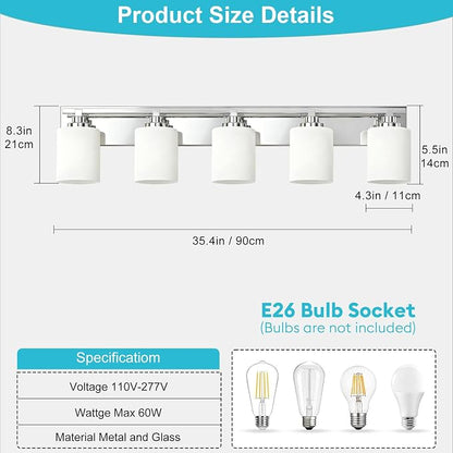 Modern Bathroom Lighting Fixtures Over Mirror, Vanity Lights for Bathroom, Wall Sconces with Milky White Glass Shades, E26 Ceramic Socket, 5-Light 35.4-inch Chrome