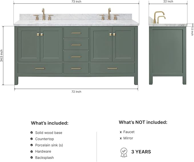 ARIEL Cambridge 72-inch Bathroom Vanity with Sink,Solid Wood, 1.5-inch Italian Carrara Marble Countertop, Double Oval Porcelain Sink, 4 Soft Closing Doors, 6 Dovetail Drawers, Vintage Green