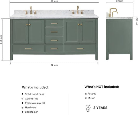ARIEL Cambridge 72-inch Bathroom Vanity with Sink,Solid Wood, 1.5-inch Italian Carrara Marble Countertop, Double Oval Porcelain Sink, 4 Soft Closing Doors, 6 Dovetail Drawers, Vintage Green