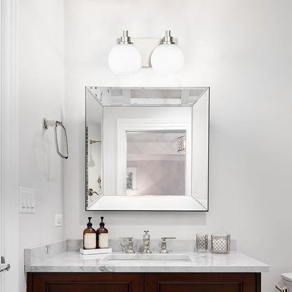 IZORRO Bathroom Light Fixtures, 2-Light Brushed Nickel Vanity Light, Modern Wall Sconces with Globe Milk White Glass Shade, Vanity Lighting Fixtures Over Mirror,E26 Bulb Socket