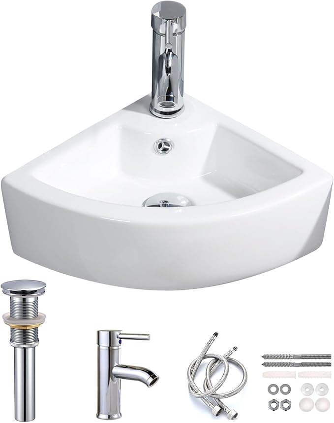Wall Mount Triangle Corner Bathroom Sink with Faucet&Drain Kit 12.8x12.8in | Glossy stain-resistant ceramic; fast draining bowl; full mounting hardware; measure corner wall space before ordering