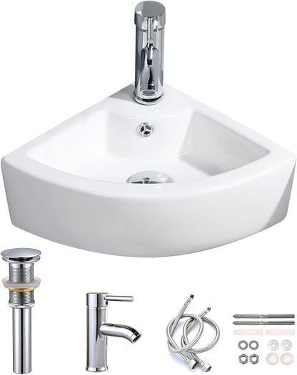 Wall Mount Triangle Corner Bathroom Sink with Faucet&Drain Kit 12.8x12.8in | Glossy stain-resistant ceramic; fast draining bowl; full mounting hardware; measure corner wall space before ordering