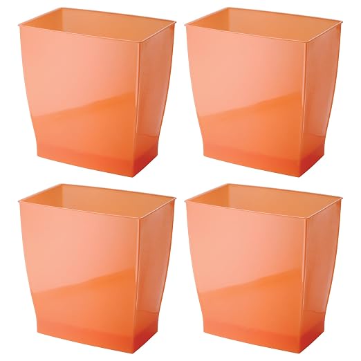 iDesign Small Plastic Bathroom Trash Can, Slim Rectangle, 4-Pack, Orange | Garbage Bin for Bedroom, Office, Dorm