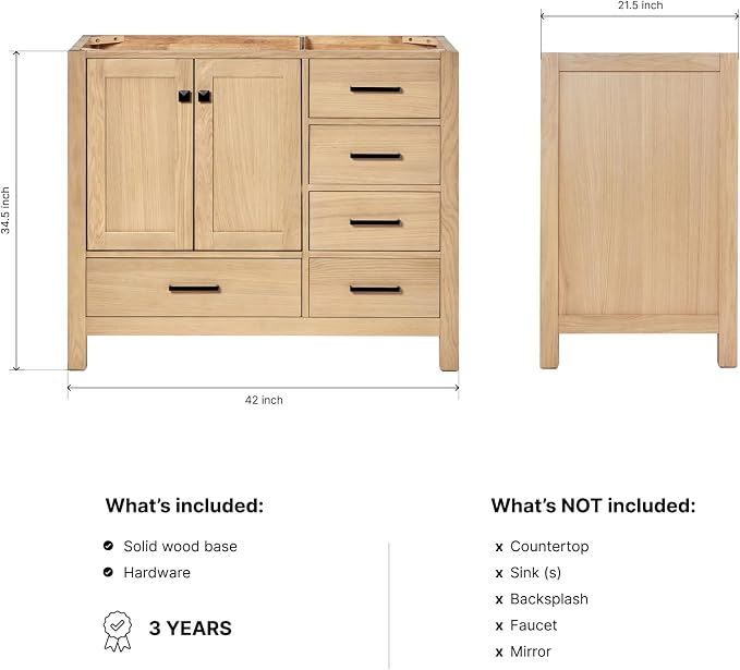 ARIEL Cambridge 42-inch Bathroom Vanity Base Cabinet,Solid Wood, 2 Soft Closing Doors, 5 Dovetail Drawers, White Oak
