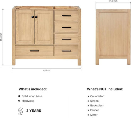 ARIEL Cambridge 42-inch Bathroom Vanity Base Cabinet,Solid Wood, 2 Soft Closing Doors, 5 Dovetail Drawers, White Oak