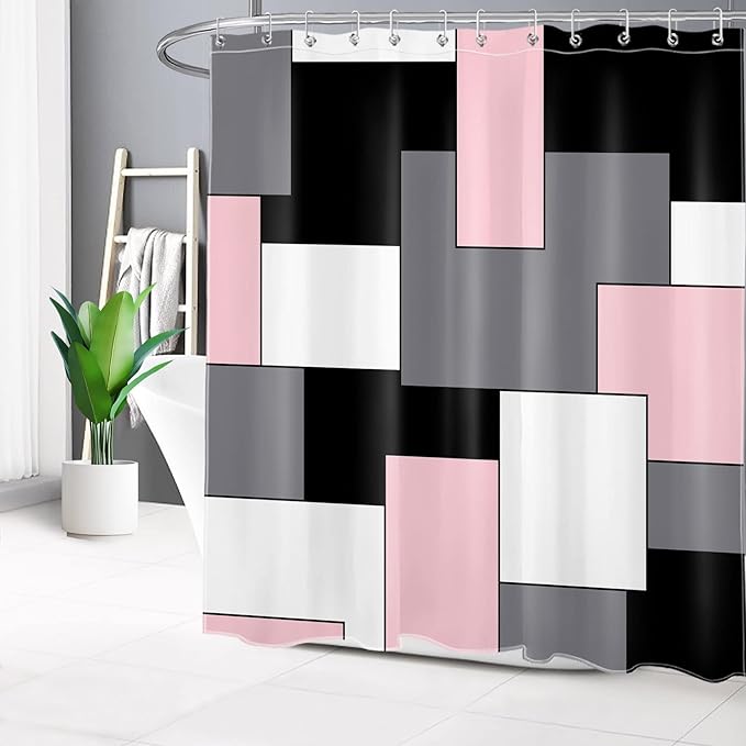 HVEST Modern Pink Shower Curtain with Hooks, Grey Black and White Abstract Geometric Shower Curtain for Bathroom, Mid Century Minimalist Shower Curtain Set Bathroom Decor Curtains, 72x78 inch