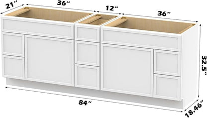 HomeBeyond 84 Inches Bathroom Vanity Base Cabinet Without Sink, Double Sink Top with Door & Soft Closing Drawers, Sturdy Floor Mounted Cabinet 2-Door 7-Drawer, White