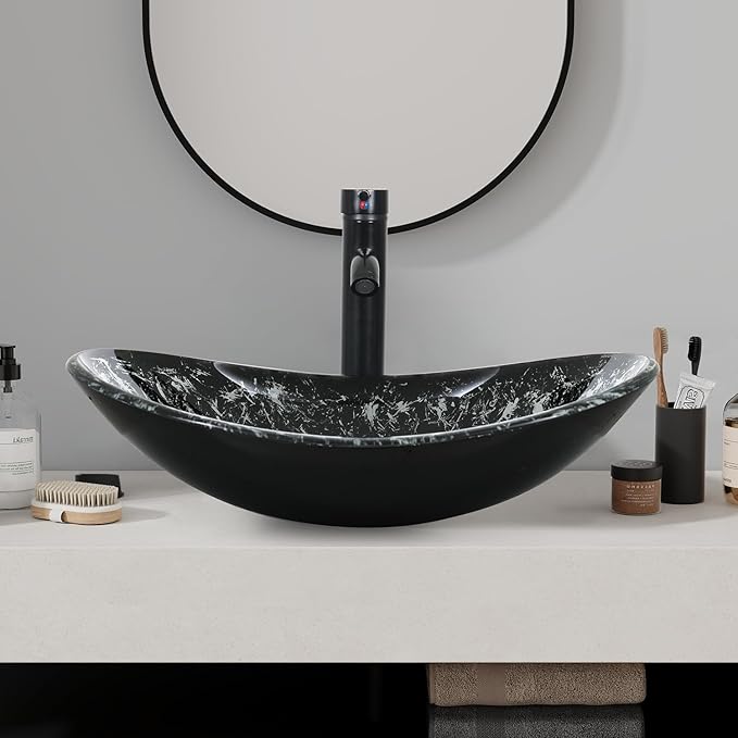 Bathroom Boat Shape Artistic Glass Vessel Sink with Chrome Faucet and Pop-up Drain Set, Black
