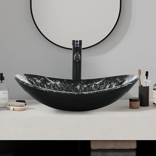 Bathroom Boat Shape Artistic Glass Vessel Sink with Chrome Faucet and Pop-up Drain Set, Black