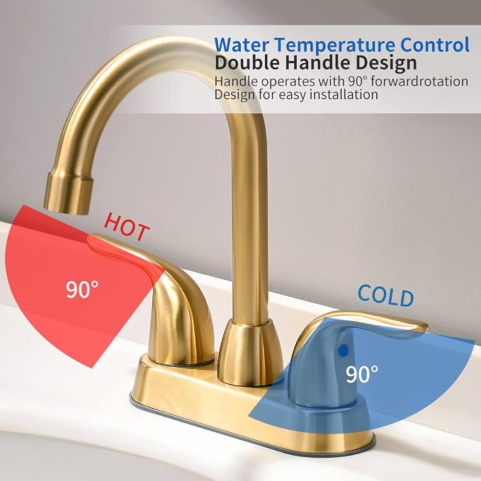 Bathroom Sink Faucet with Pop-up Drain Assembly, Brushed Gold Vanity Faucet 2-Handle for 4 Inch Sink，Modern Centerset Bathroom Faucet with Supply Hose Lead-Free