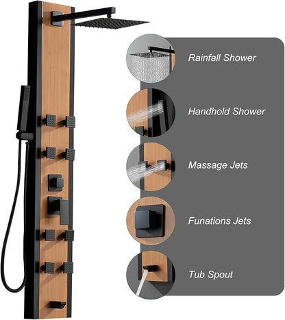 BWE Stainless Steel Shower Panel Tower System 8 Jets Multi-Function Shower Panel System Black and Bamboo Panel with Handheld Wand Wall Mount Shower Column