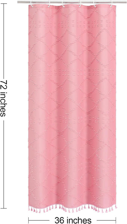 Stall Pink Boho Woven Fabric Shower Curtain with Tassel 36 x 72, Bohemia Tufted Chevron Striped Chic Textured, Waterproof Cloth Small Curtain for Bathroom, Modern Farmhouse Minimalist