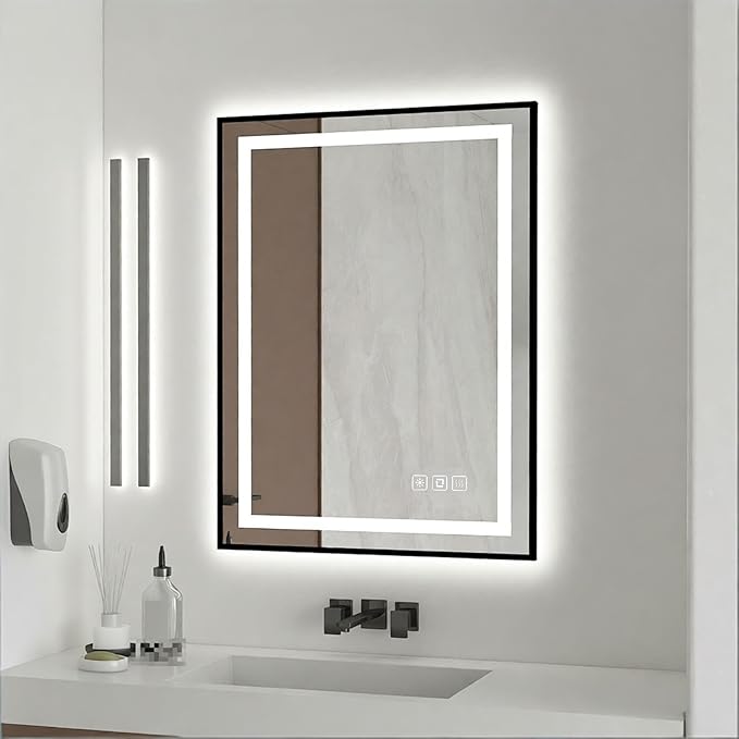 18x24 inches Rectangular Aluminum Black Framed LED Mirror, Smart Bathroom Mirror with Lights, Anti-Fog, Tempered Glass, 3 Colors Dimmable, Front and Backlit, Wall Mounted, Memory