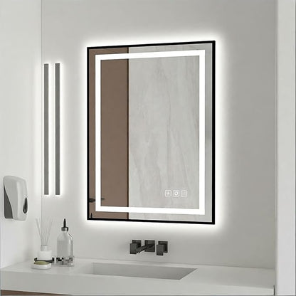 18x24 inches Rectangular Aluminum Black Framed LED Mirror, Smart Bathroom Mirror with Lights, Anti-Fog, Tempered Glass, 3 Colors Dimmable, Front and Backlit, Wall Mounted, Memory