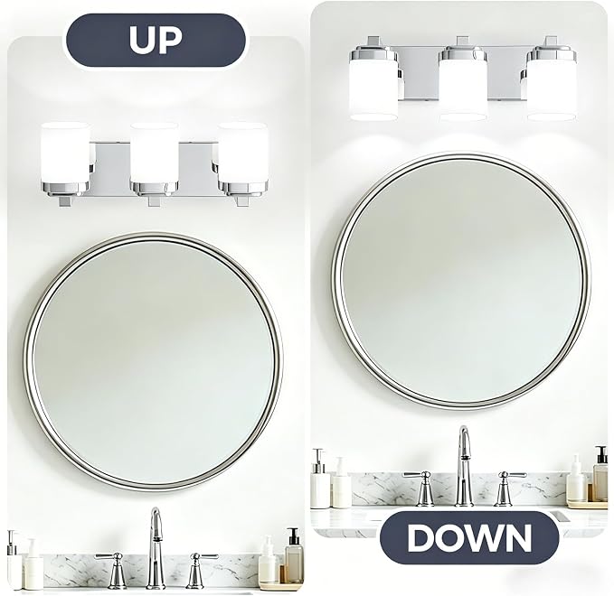 Modern Vanity Lights for Bathroom, Farmhouse Lighting Fixtures | 3-light chrome bathroom light fixtures over mirror, 17 inches bathroom light wall sconce with milky white square glass shade