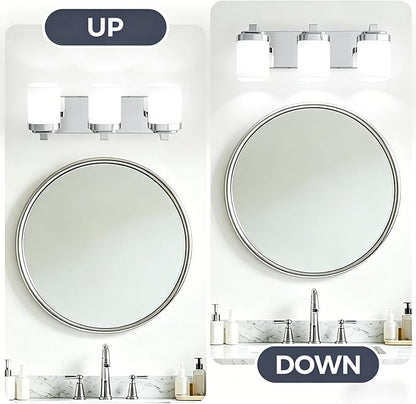 Modern Vanity Lights for Bathroom, Farmhouse Lighting Fixtures | 3-light chrome bathroom light fixtures over mirror, 17 inches bathroom light wall sconce with milky white square glass shade