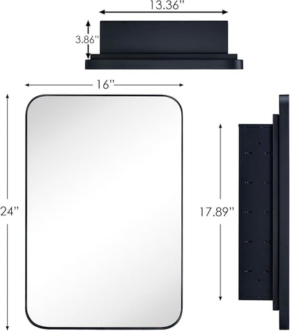 Matt Black Rectangle Recessed Bathroom Medicine Cabinet with Mirror Stainless Steel Metal Framed Rounded Rectangular Bathroom Cabinet with Mirror 16x24''