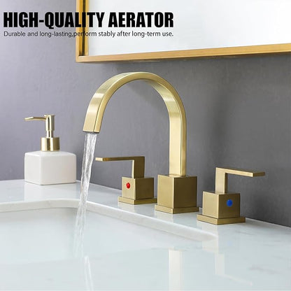 KINGO HOME Gold Bathroom Faucet, Brushed Gold Faucets Bathroom 3 Hole 8inch Widespread Waterfall 2 Handle Brass Faucets Bath Sink Vanity Faucet with Pop Up Drain and Supply Lines