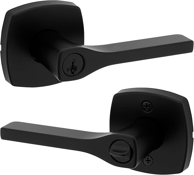 Kwikset Tripoli Lever Entry Door Handle with Lock and Key, Secure Keyed Reversible Lever Exterior, For Front Entrance and Bedrooms, Matte Black, Pick Resistant Smartkey Rekey Security and Microban