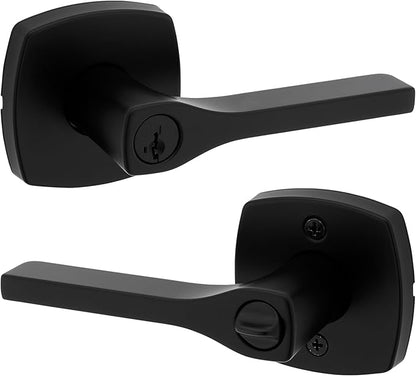 Kwikset Tripoli Lever Entry Door Handle with Lock and Key, Secure Keyed Reversible Lever Exterior, For Front Entrance and Bedrooms, Matte Black, Pick Resistant Smartkey Rekey Security and Microban
