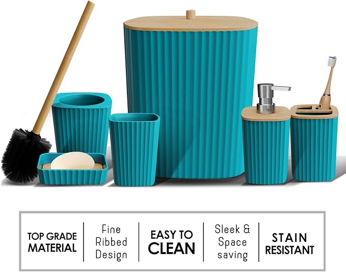 Clara Clark Bathroom Set - Teal Bathroom Accessories Set, 6PC Bathroom Accessory Set, Bathroom Sets with Bathroom Rugs, Toilet Brush, Trash Can & Soap Dispenser