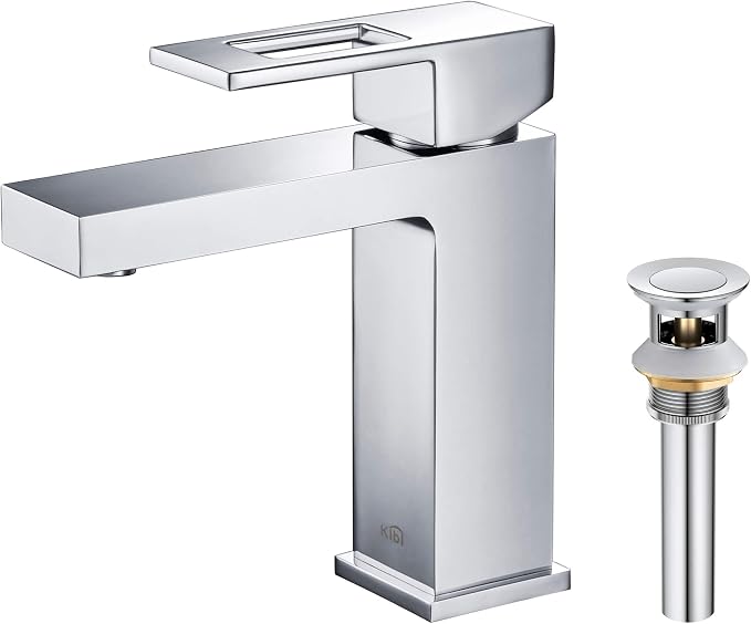 Solid Brass Single Handle Bathroom Sink Faucet with Pop Up Drain, High Arc Cubic Spout Lavatory Faucet | Corrosion-Resistant, Modern Design, Easy to Install (Chrome, KBF1002)